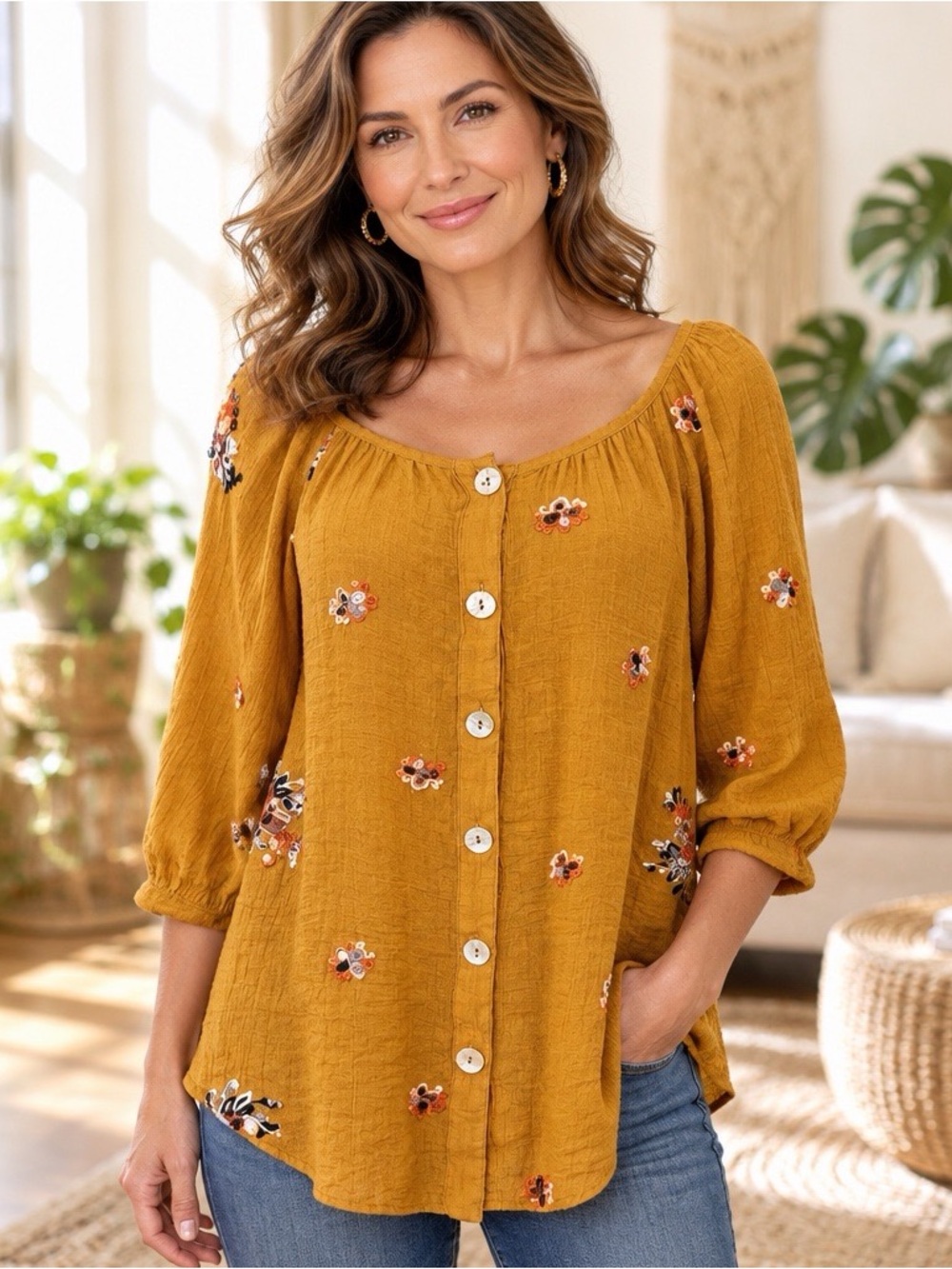 Fig & Flower Large Mustard Floral Embroidered Boho Button Front Blouse